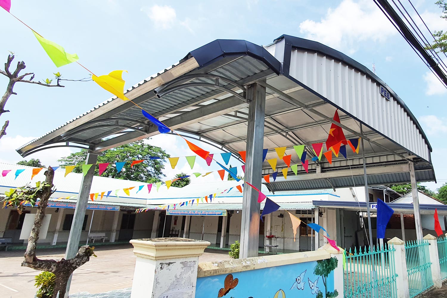 The kindergarten stage with a new roof.